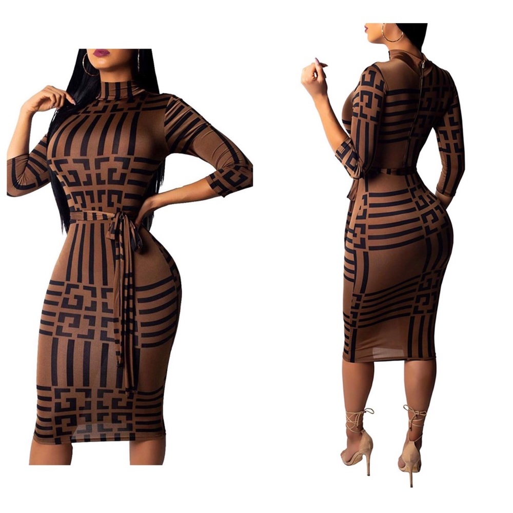 Brown Women Sexy Dress Long Sleeve Stretchable